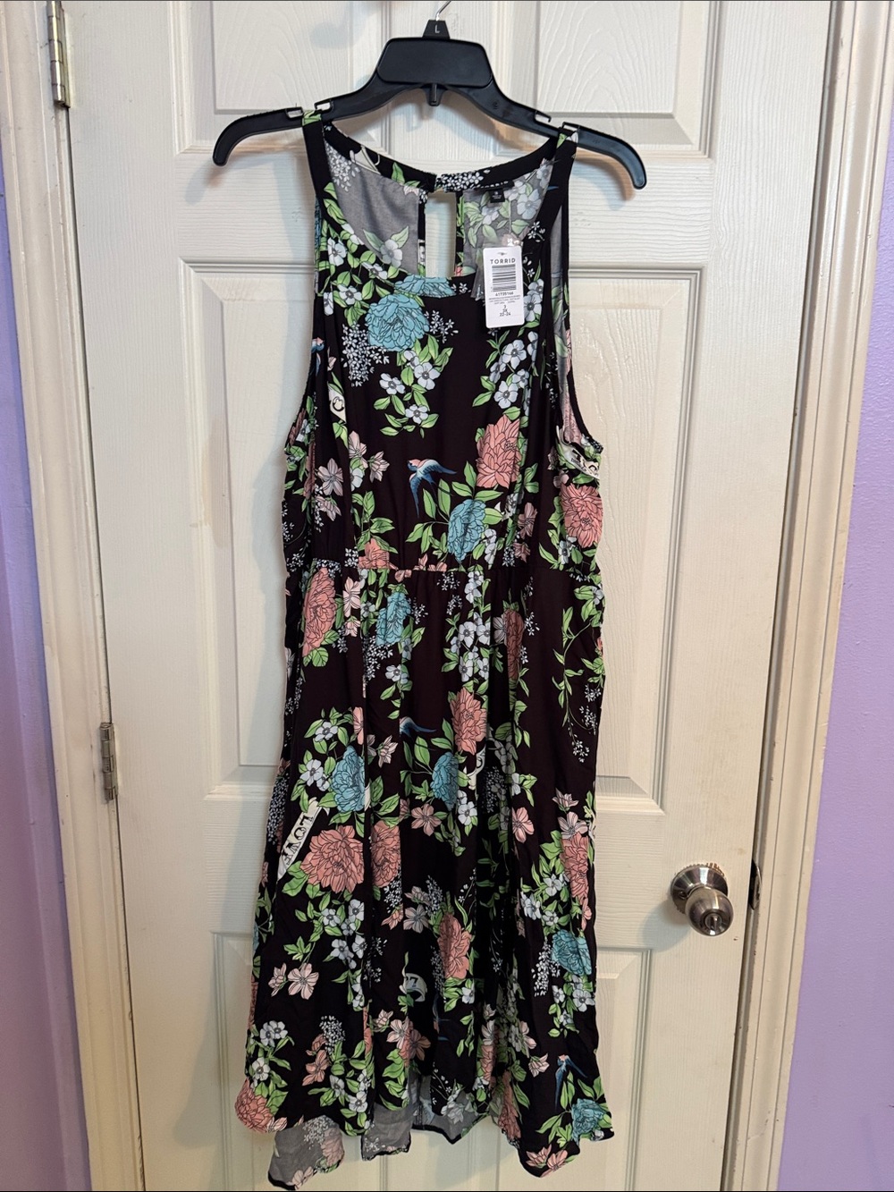 torrid Black Floral Midi Dress with Blue and Pink Blooms